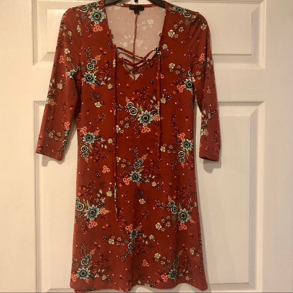 BeBop Burnt Orange Floral Keyhole Dress